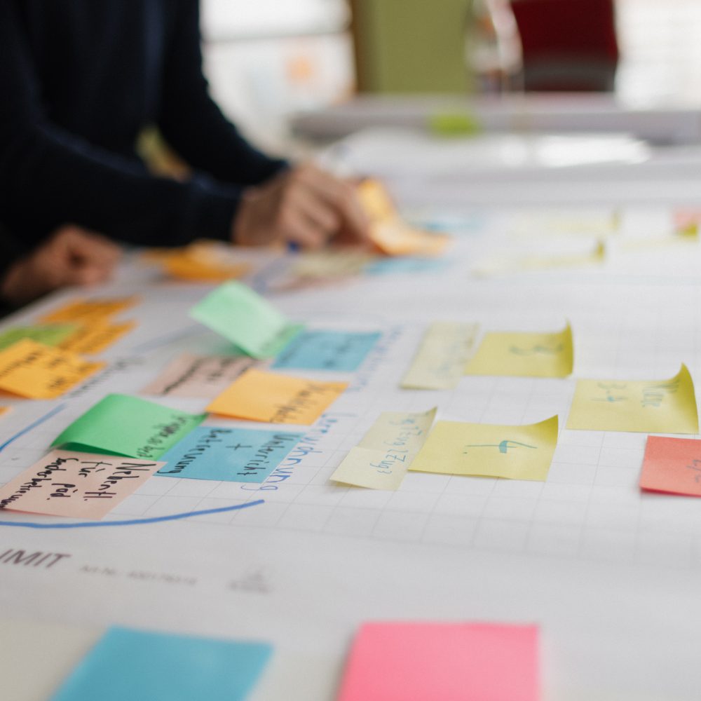 Die ersten Ideen werden bewusst als Post-It gesammelt - so werden Bedarfe und Zusammenhänge sichtbar